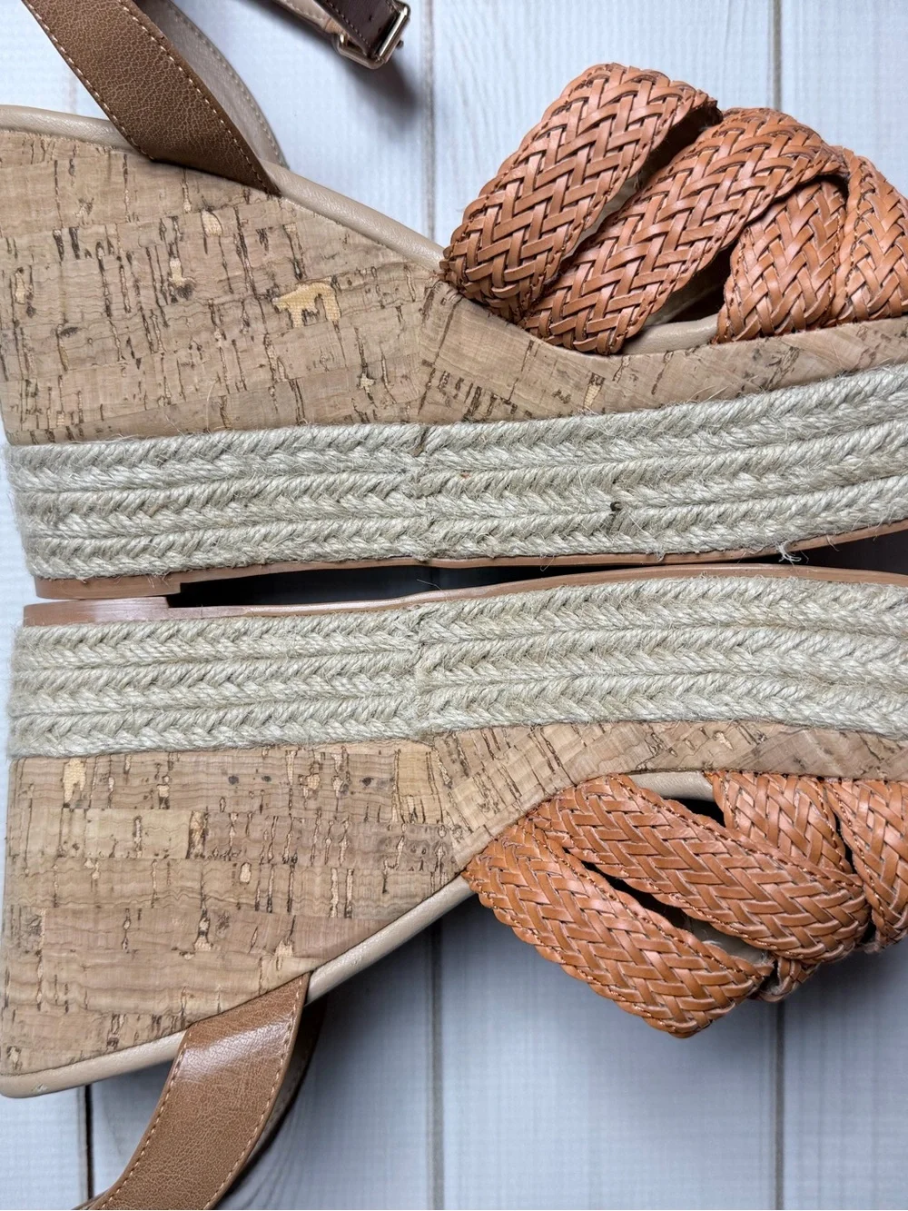 JANE AND THE SHOE Lily Cork Caged Espadrille Wedge Sandals - Size 7.5